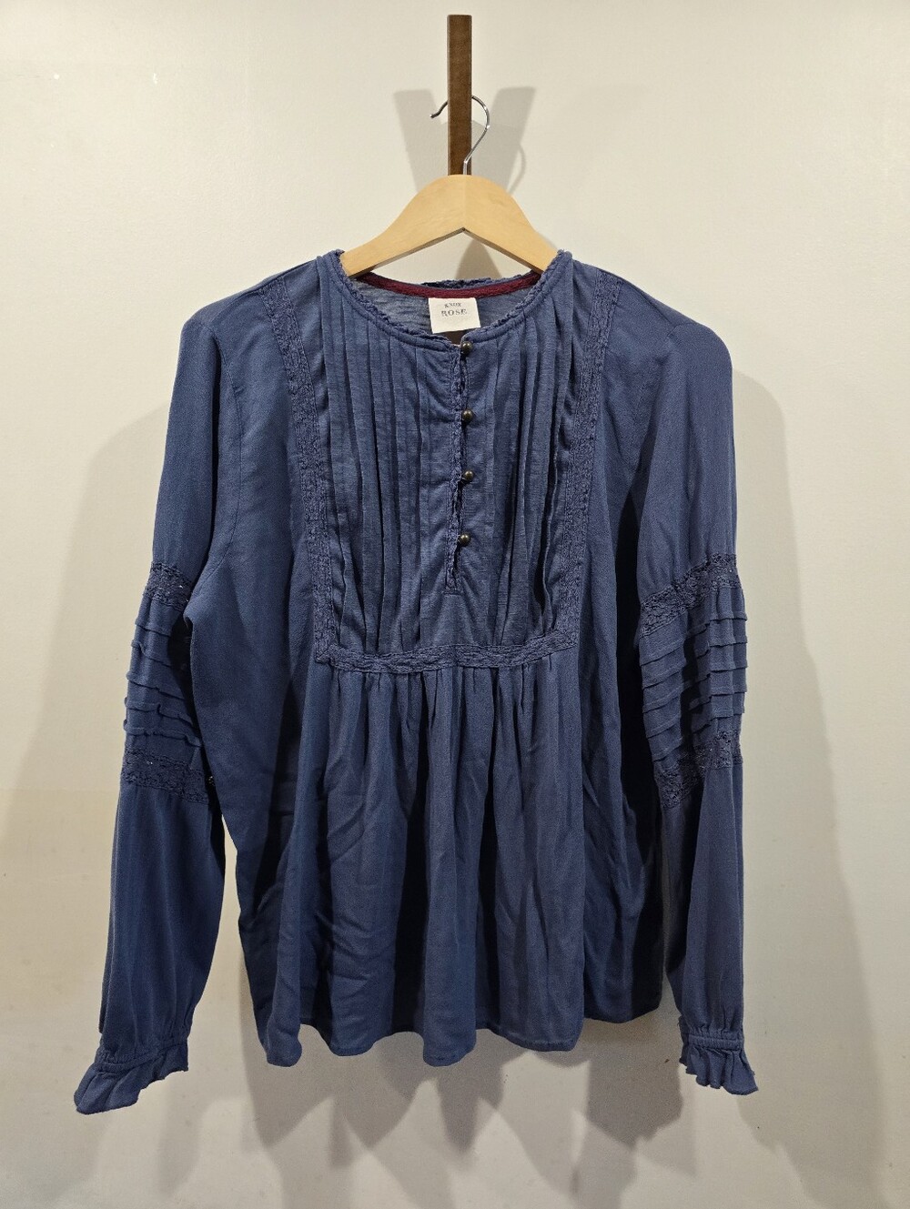 Knox Rose Womens XL Blue Boho Peasant Blouse Pintuck Lace Ruffle Sleeve